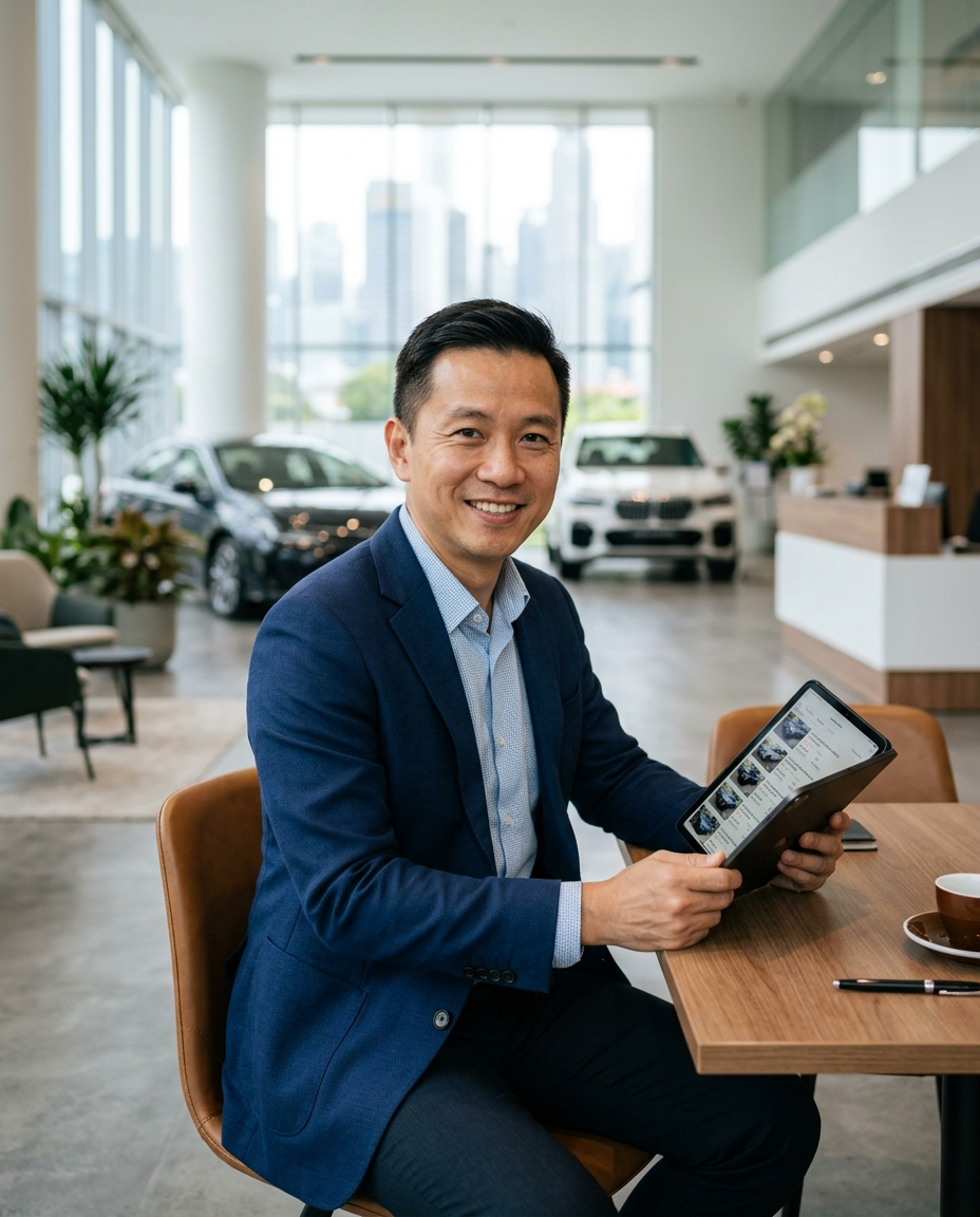 A professional Singapore used-car dealer reviewing today's lots on a tablet