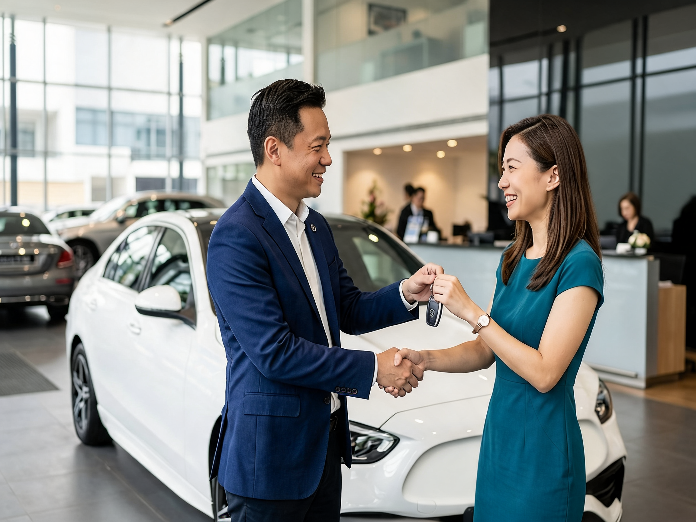 A Carle team member handing car keys to a happy seller after the sale